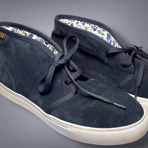 Women's TORY BURCH Blue Suede Cozy Slpper Boots Paisley Lining Rubber Sole EUC - Picture 3 of 12